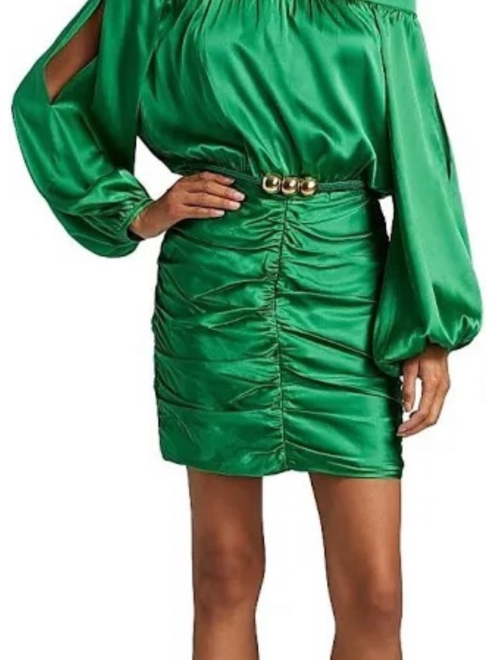 Silvia Tcherassi Emerald Satin Ruched Off-Shoulder Mini Dress with Gold Accent